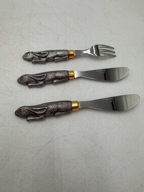 Vintage Rabbit Handle Stainless Steel 3 Piece Flatware Set Butter Cheese Knives